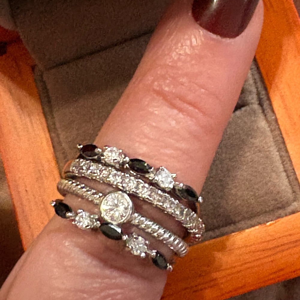 Freida Rothman Elegant Silver and Black Women's Ring Set of 2 size 8 or 9